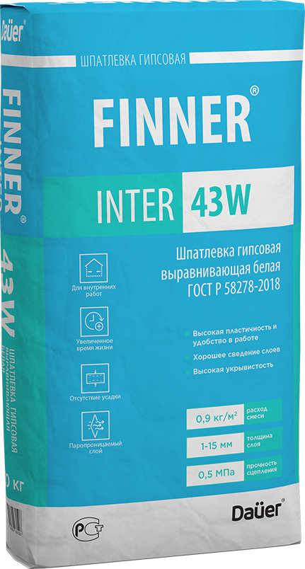 Шпатлевка гипсовая FINNER® INTER 43 W выравнивающая белая, 20 кг 