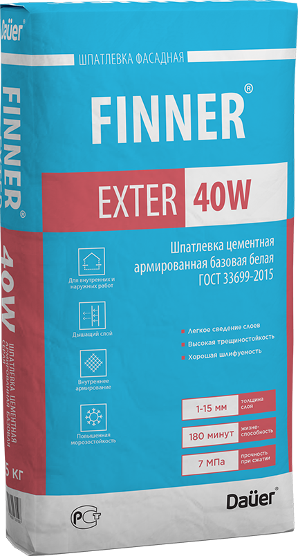 Шпатлевка цементная FINNER® EXTER 40 W армированная базовая белая 25 кг, ЗИМА  